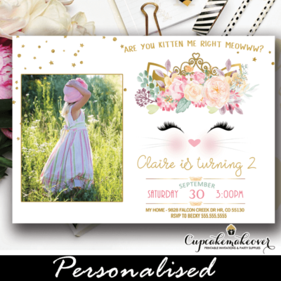 cat birthday invitations with photo gold pink floral kitty party invites