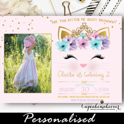 kitty party invitations with photo gold pink floral cat birthday invites