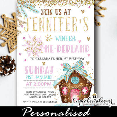 holidays gingerbread house winter onederland invitations girl first birthday