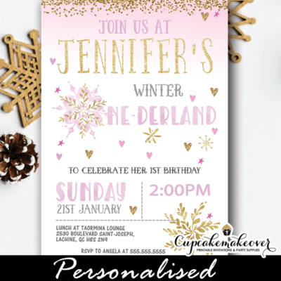 pink and gold snowflake winter wonderland invitations girl birthday party
