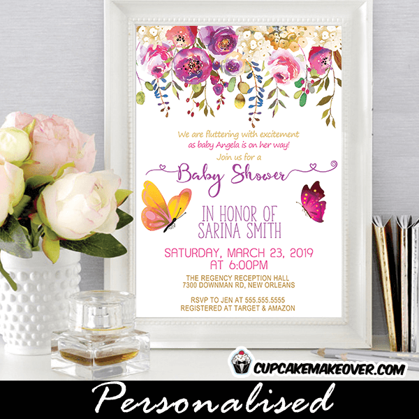 Floral Pink Purple Butterflies Baby Shower Invitations