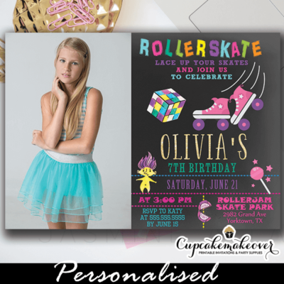 90s theme roller skating birthday photo invitations girl