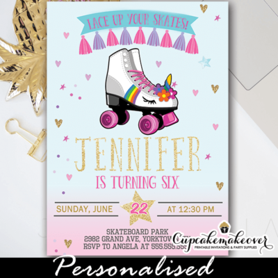 unicorn roller skating birthday invitations gold pink
