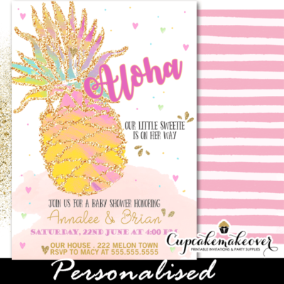 modern pineapple tropical baby shower invitations