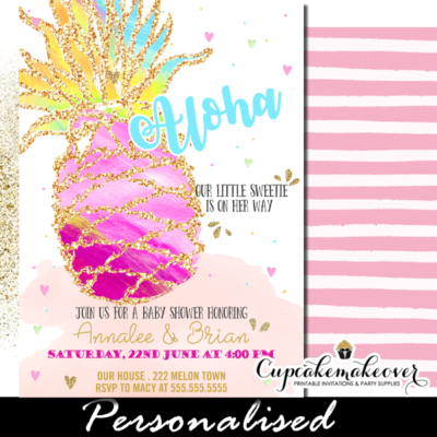 hot pink tropical pineapple baby shower invitations watercolor girl