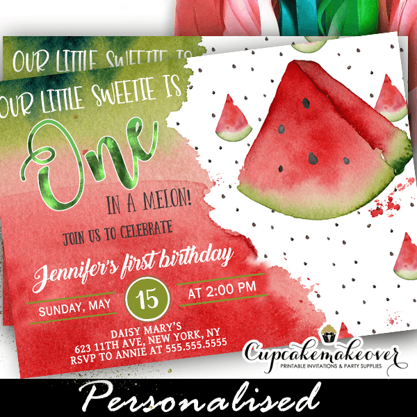 One in a Melon 1st Birthday Invitation Red Watermelon Party One in a Melon Invitation 0118 Editable Watermelon Invitation