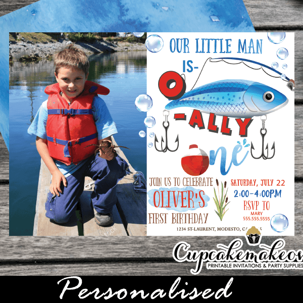 O Fish Ally One Invitations with Photo, Fishing Theme First