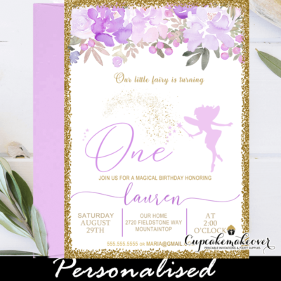 purple lilac floral fairy first birthday invitations gold glitter