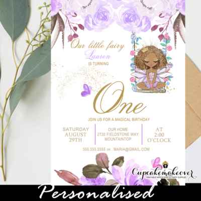 lilac purple peony flowers african american fairy birthday invites