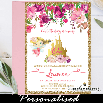 pink floral blond fairy princess birthday invitations castle gold