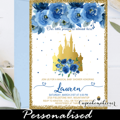 floral royal blue and gold castle baby shower invitations prince boy