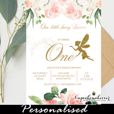 floral blush ivory fairy birthday invites gold glitter girl party