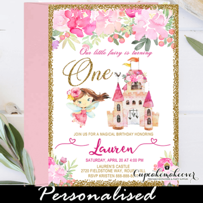pink floral brunette fairy princess birthday invitations castle gold