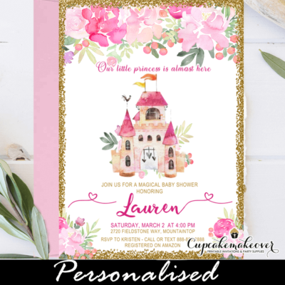 floral pink fuchsia castle baby shower invitations royal princess girl