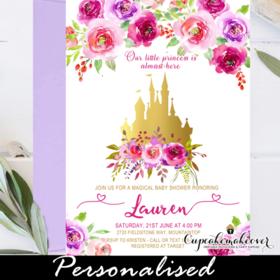 floral pink and gold castle baby shower invitations royal princess