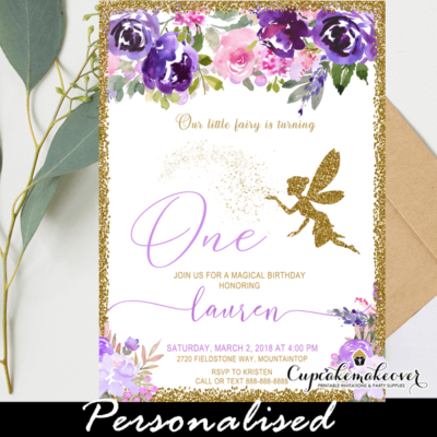 floral pink purple fairy birthday invites first party girl