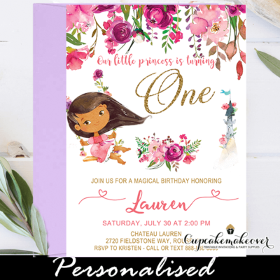 tan ethnic pink floral african american princess birthday party invites 1st