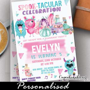 little monsters girl Halloween birthday party invitations