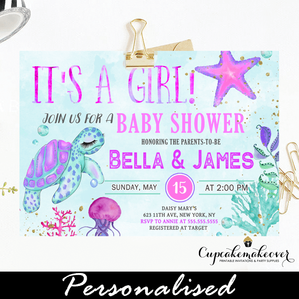 Under The Sea Girl Turtle Baby Shower Invites