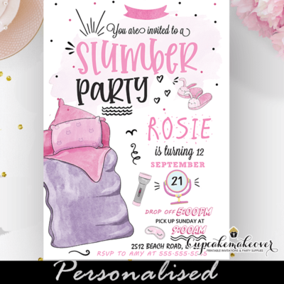 sleepover doodles slumber party invites birthday girl pink purple