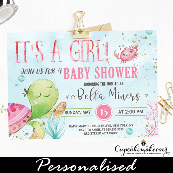 Ocean Theme Under The Sea Baby Shower Girl Invitations - Cupcakemakeover