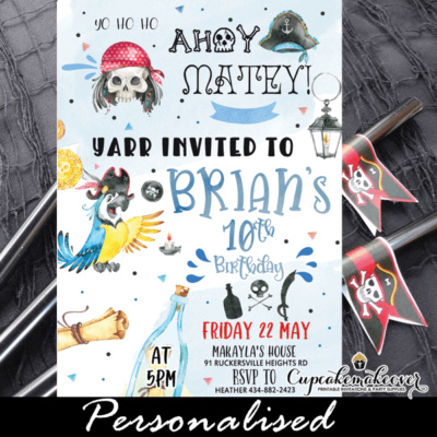 blue parrot pirate birthday invitations jolly rogers fun boy party ideas