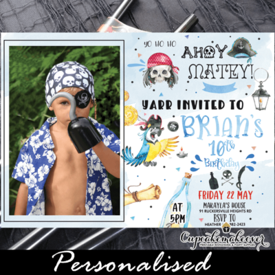blue parrot pirate birthday photo invitations boy party ideas