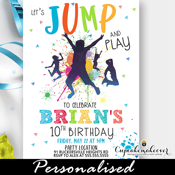 Color Splash Trampoline Gymnastics Jump Party Invite Boys Cupcakemakeover