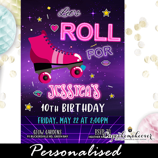 Personalised Roller Disco Neon  Birthday Invitations including Envelopes RD1 
