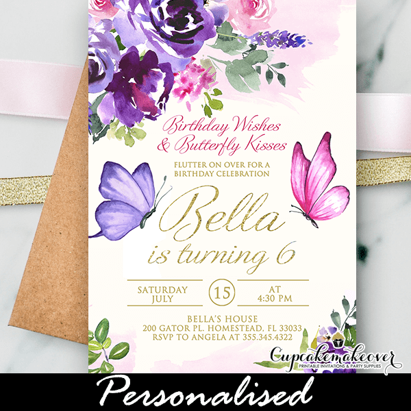 Butterfly Birthday Invite, Gold Pink Purple - Cupcakemakeover
