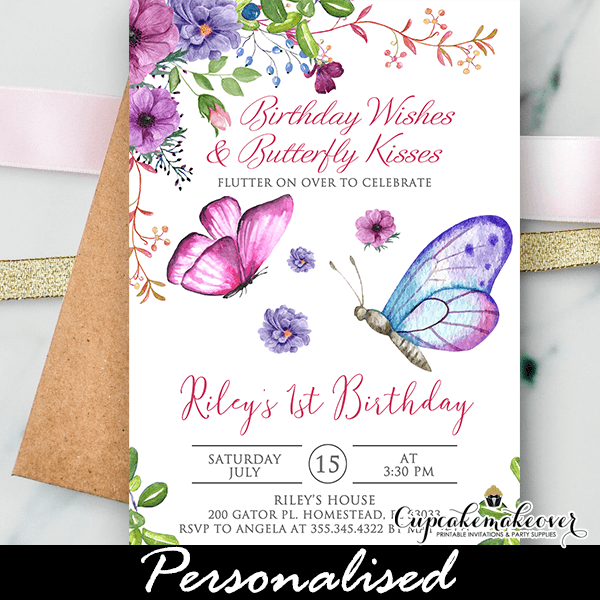 Butterfly Birthday Invite, Spring Blossoms Bouquet - Cupcakemakeover