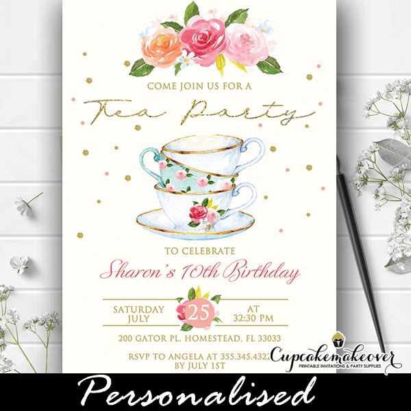 Birthday Tea Party Invitation Printable Invitation Floral Succulents Pink Gold Green Afternoon Tea Tea Time Invite Floral High Tea Party