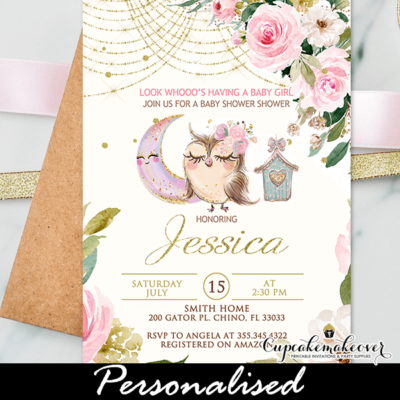Floral Pink Gold Owl Baby Shower Invites girl theme