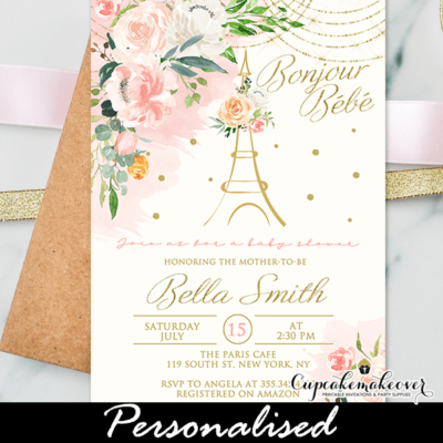 Floral Pink Gold Paris Themed Baby Shower Invites