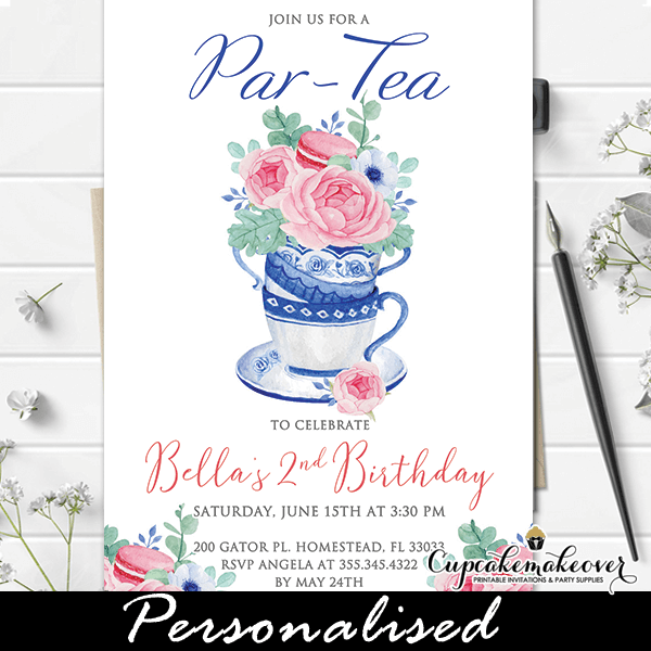Birthday Tea Party Invitation Printable Invitation Floral Succulents Pink Gold Green Afternoon Tea Tea Time Invite Floral High Tea Party