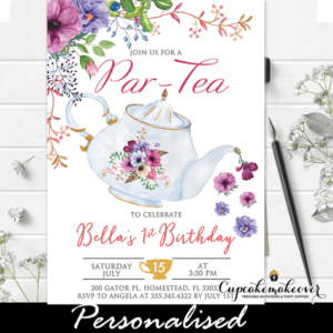 Floral Pink White Vintage Teapot Tea Party Invitations - Cupcakemakeover