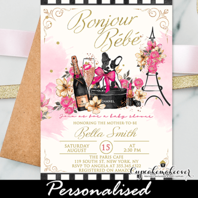French Themed Paris Baby Shower Invites black Pink Gold