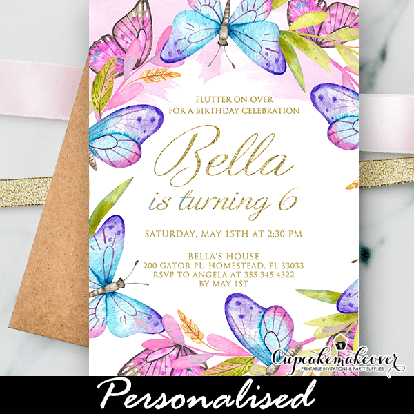 Garden Butterfly Birthday Party Invites, Pink Purple Teal - Cupcakemakeover