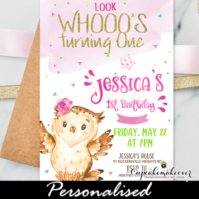 Gold Pink Owl Birthday Invitation girl theme party ideas