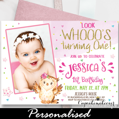 Gold Pink Owl Birthday Photo Invitation girl party ideas