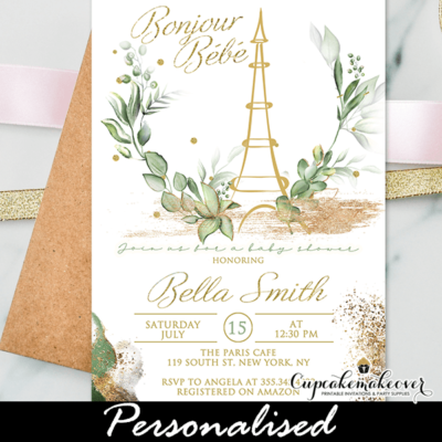 Greenery Gold Paris Themed Baby Shower Invites