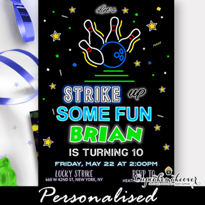 neon green bowling party invitations boy birthday theme kids
