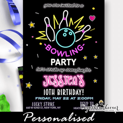 neon green bowling party invitations girl birthday theme kids