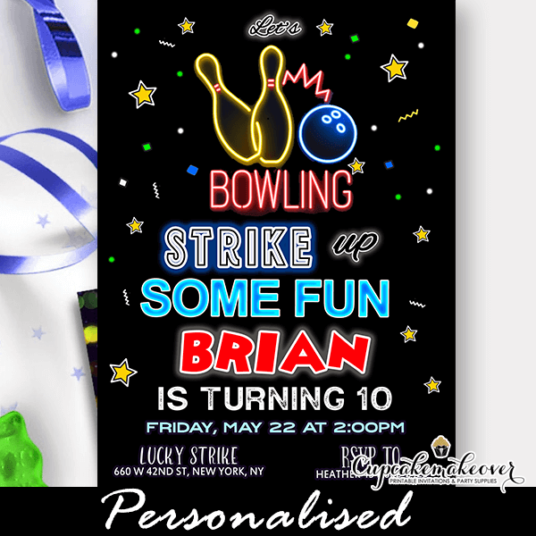  Bowling Birthday Invitation, bowling invitations for kids  birthday, rainbow neon glow bowling Birthday party Invitations, 25 Invitations  Cards and Envelopes, Let's Strike Up Some Fun Bowling Party Invitation  MD1019 