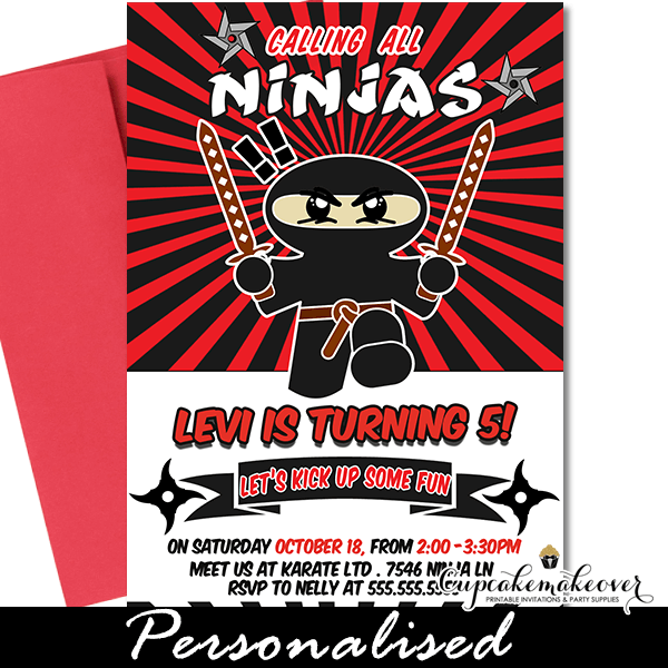 Sword Master Ninja Birthday Invitations, Red Black - Cupcakemakeover