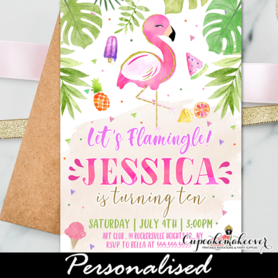 Let’s Flamingle Tropical Tutti Frutti Flamingo Birthday Invites