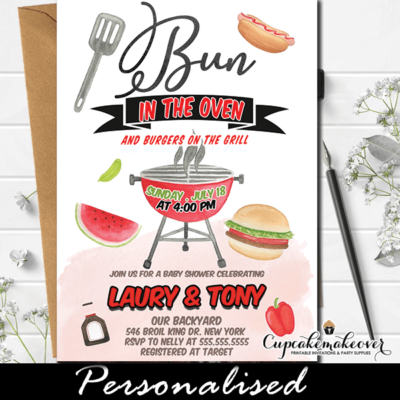 BBQ Baby Shower Invites Bun In The Oven Burgers On The Grill