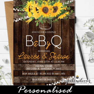 Couples BabyQ Invites Sunflower Mason Jar Rustic Barrel Wood bbq baby shower