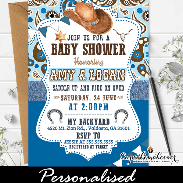 cowboy baby shower invitation, blue paisley denim