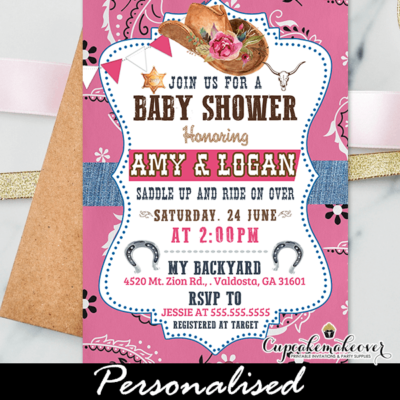 Cowgirl Baby Shower Invites Pink Paisley Denim western theme